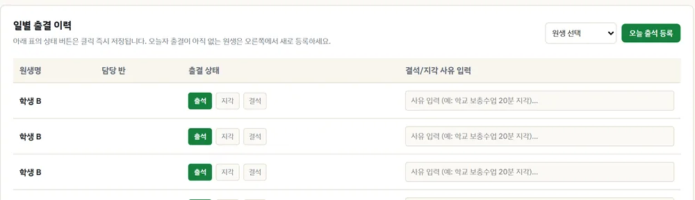 출결 관리(일별) 부분 확대
